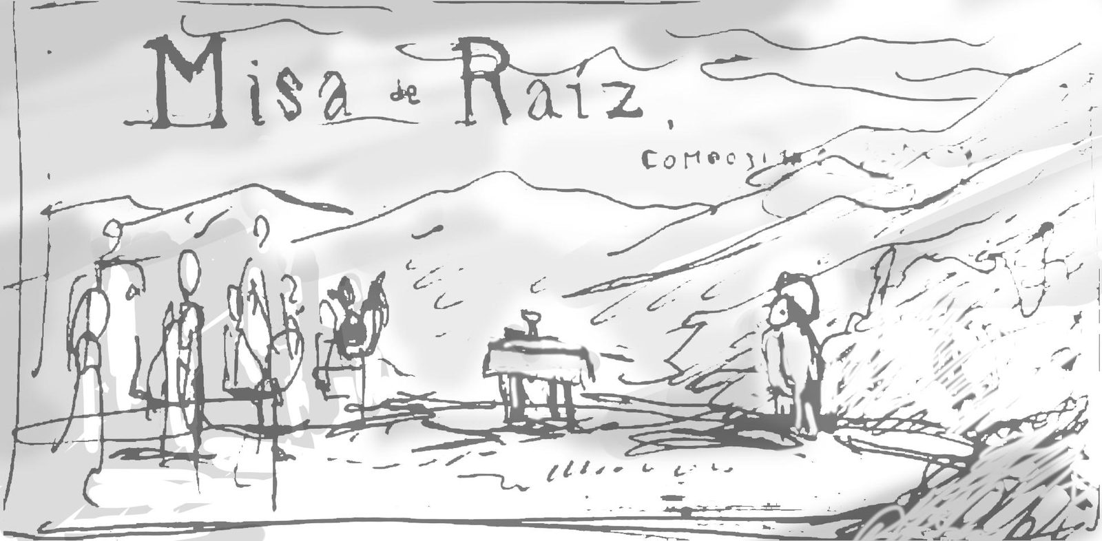 Boceto de concepto de Marcos Gómez: la asamblea, la mesa servida y el cordero en el campo, bajo el título Misa de Raíz