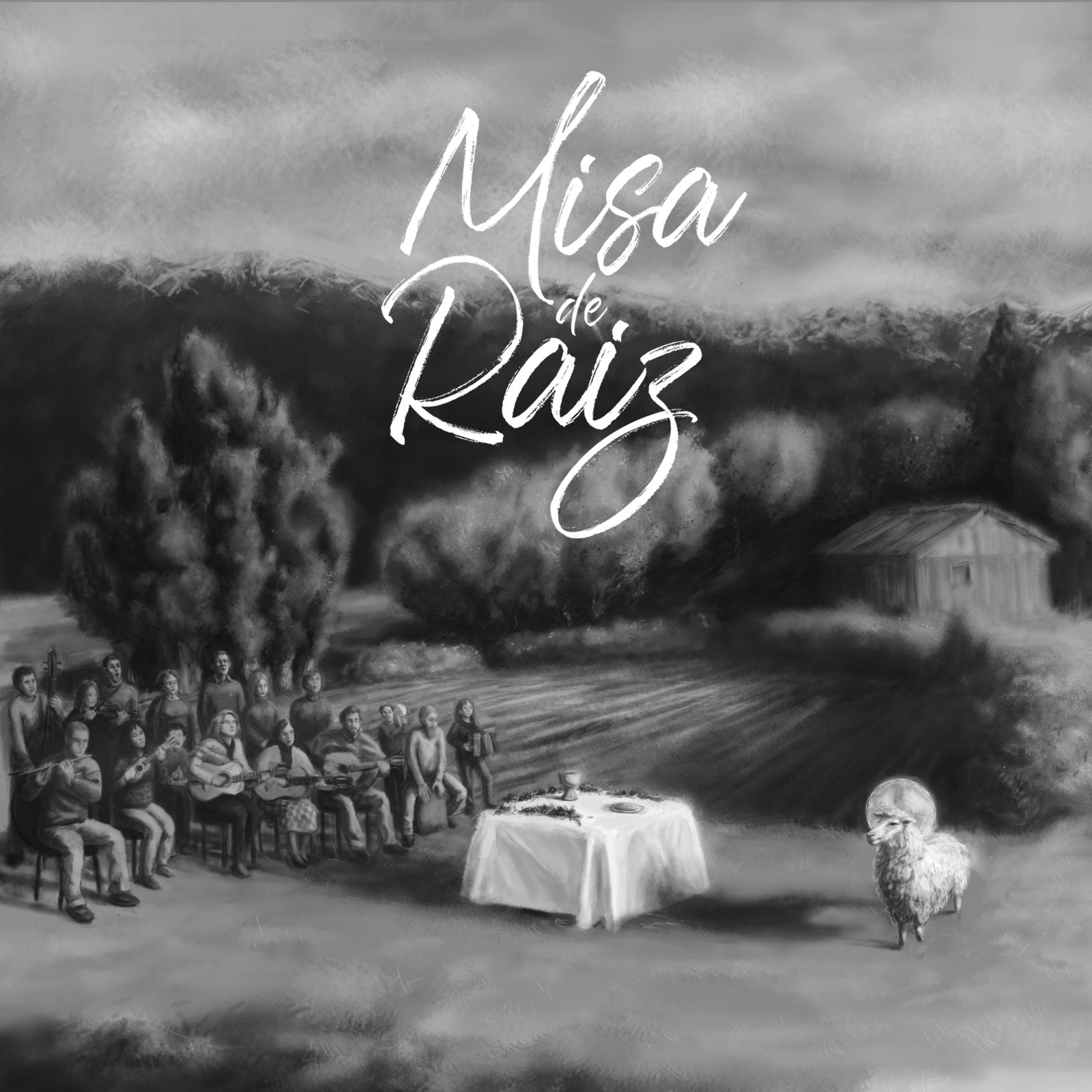 Pintura de la portada de Misa de Raíz: una comunidad canta junto a la mesa, con la cordillera, el campo y el cordero